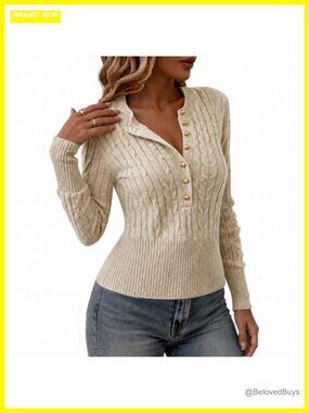 Cable Knit Cropped Button Front Henley Sweater Long Sleeve